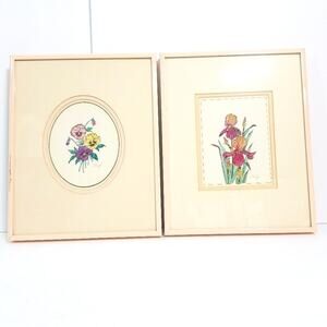 Pair hand painted botanical floral framed pictures